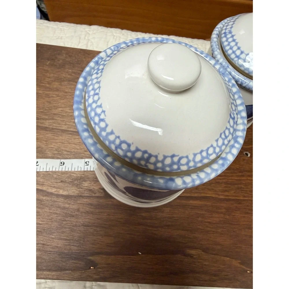 Vintage 1996 ABC Distributing Blue Heart Ceramic Canister Set 3 Piece Farmhouse
